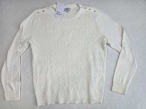 Kim Rogers Ivory Cable Knit Button Shoulder Sweater PM 100% Cotton Long Sleeve - Picture 1 of 7