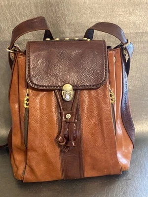 Mochila de couro marrom Marino Orlandi dois tons muito bom estado usado - Imagem 1 de 4
