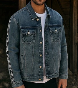 True Religion Denim Trucker Jacket Men's L Medium Wash Tape Logo NEW MSRP$179 - Picture 1 of 15