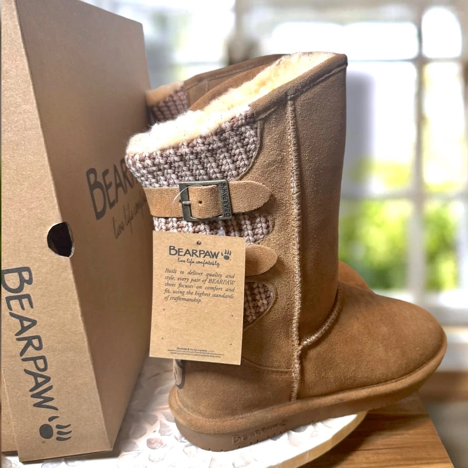 Womens BEARPAW BOOTS Boshie Buckles Suede Knit 8 Hickory 1669w