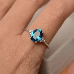 925 Sterling Silver Oval Cut Natural Blue Topaz Victorian Wedding Ring For Women - Picture 1 of 4