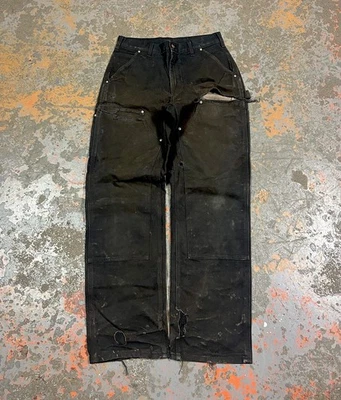 Винтажные брюки Carhartt с двойным коленом черные искусственно состаренные выцветшие рабочая одежда Y2k 30 - Изображение 1 из 4