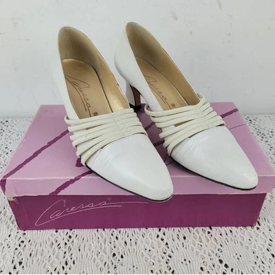 Vintage 80's Caressa White Genuine Leather Kidskin Heels Women's Size 7.5 Fiji - Image 1 of 4