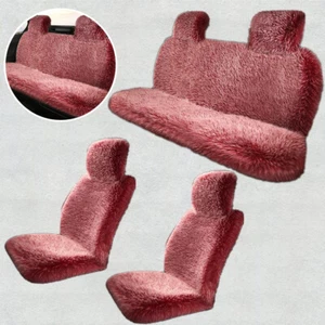 White Red Front + Rear Car Chair Fur Plush Winter Seat Covers Cusion Anti-slip - Picture 1 of 6
