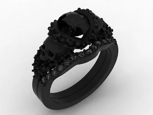 Lab-Created 3Ct Diamond Round 14k Black Gold Plated Skull Engagement Bridal Ring - Picture 1 of 3