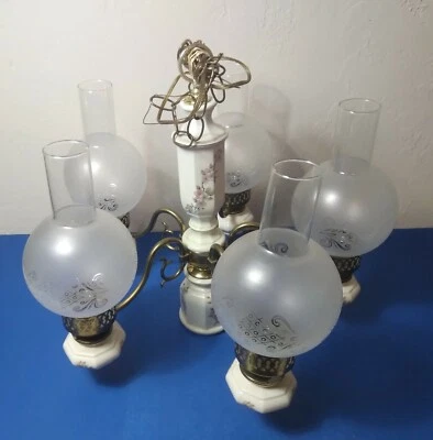 Vintage Chandelier 5 Arm Brass Finish/ Porcelain  w/  6 Globes Hanging  Light - Image 1 of 4