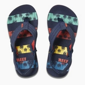 Reef Little Boys 11/12  Flip Flops Sandals Boys Little Ahi Palms Stripe Blue Red - Picture 1 of 1