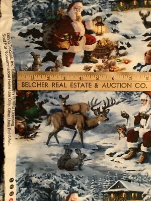 2 Yards Santa In Winter Scenes  Animals 100% Cotton Fabric David Textiles HTF - Image 1 of 3