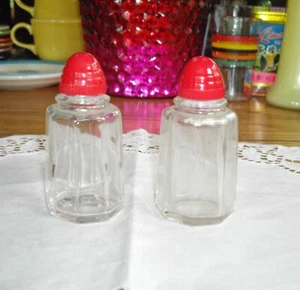 Vintage Glass Salt & Pepper Shakers w/ Red Caps ~ Set of 2 ~ - Picture 1 of 5