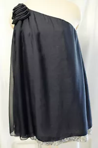 Alice&Olivia Blue Tri Layer Silk Chiffon 1 Shoulder Bow Top Silver Sequins Hem-M - Picture 1 of 11