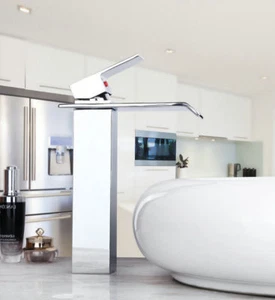 Tall Chrome Bathroom Faucet Waterfall Spout Single Handle&Hole Mixer Basin Tap - Picture 1 of 7