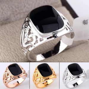 R074 Enamel Black Onyx Mens Ring Boys Signet Pattern Band Sizes N - Z - Picture 1 of 23