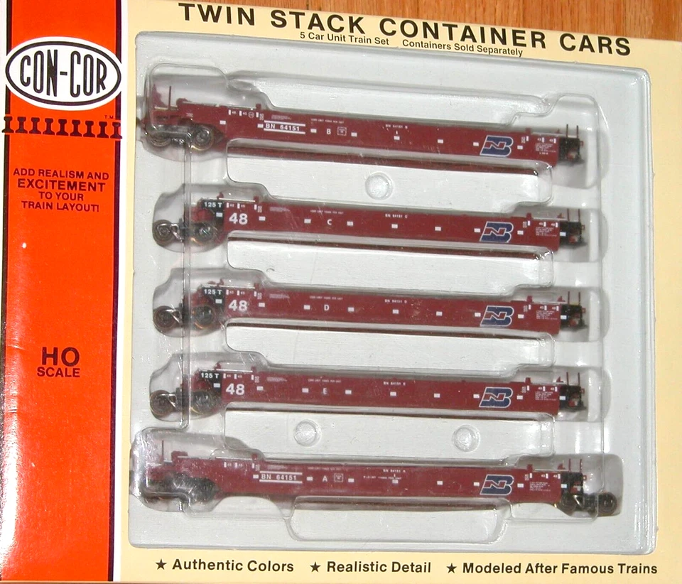 HO CON-COR 0001-001955(02) TWIN STACK CONTAINER 5 CAR UNIT BURLINGTON NORTHERN - Image 1 of 1