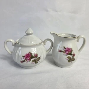 Unbranded Moss Rose Creamer & Sugar Bowl White with Pink Roses - Picture 1 of 20