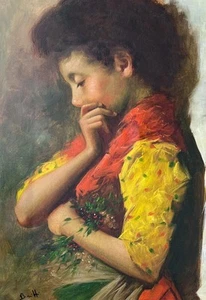 Vintage Original Kunst Kind Junges Mädchen Portrait Ölgemälde Blumen signiert - Bild 1 von 20