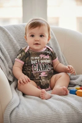 Mossy Oak Baby Girl Bodysuit Camo Pink Hunting Ruffled Short Sleeve 3-6 Months - Image 1 of 4