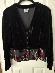 Johnny Was Schwarz Samt V-Ausschnitt Knopfleiste Bolero L Viskose Seide Transparent Rüschen Rosen - Bild 1 von 8