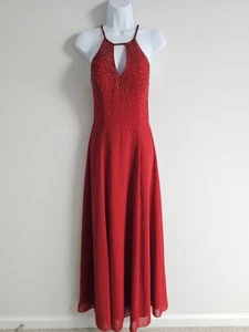 Vintage Chicas Dress Womens Medium Red Beaded Halter 90s Prom Gown Romantic Y2K - Picture 1 of 12