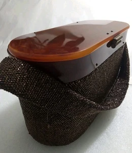 1940er Bakelit Top Karneval Kupfer Perlen Tasche Box Schildkröte Shell Klapp Schnappdeckel - Bild 1 von 11