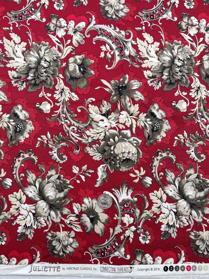 JULIETTE By Heritage Classics for Connecting Threads Gray Floral on Red 1.33 yd - Image 1 of 1