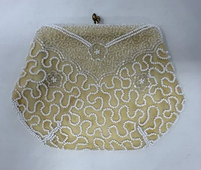 Vintage Woodward Lothrop Fully Beaded Cream Purse Formal Evening Bag Satin Lined - Image 1 of 4