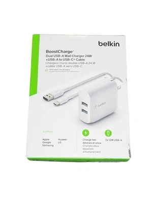 Aa3U Belkin 24W Dual Port USB Wall Charger with USB-A To USB-C Cable White Used  - Image 1 of 2