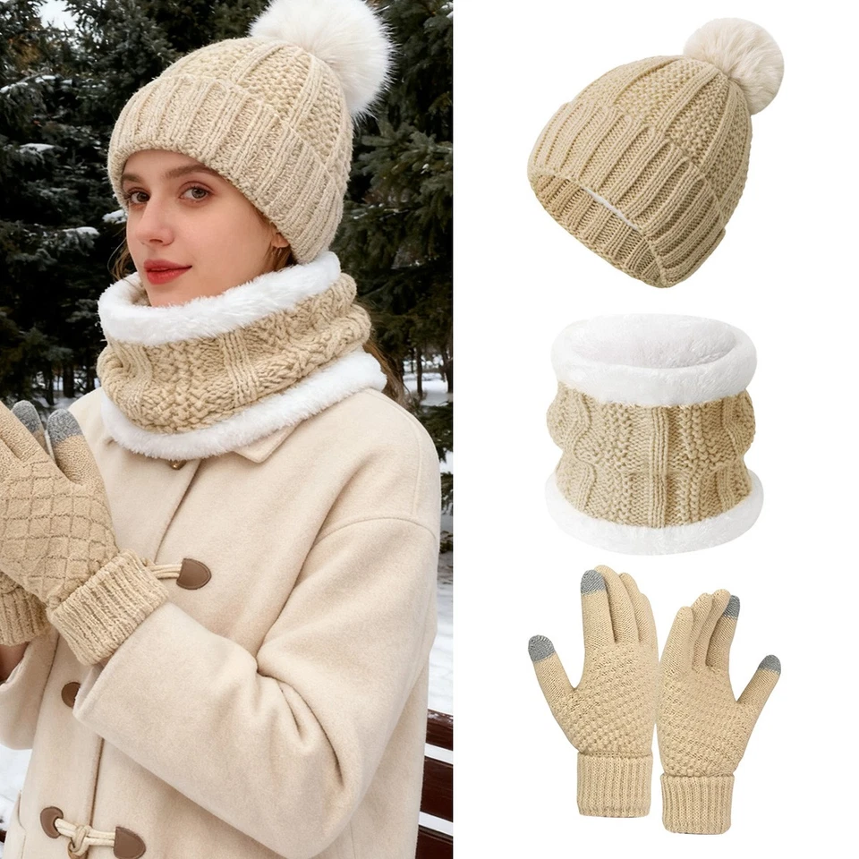 Conjunto de luvas cachecol chapéu gorro inverno feminino forrado de lã chapéu luvas touchscreen - Imagem 1 de 4
