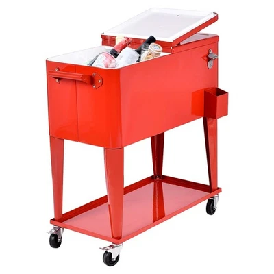 80-Quart Rolling Cooler Cart w/Bottle Opener and Catch Tray for Party Steel B... - Image 1 of 4