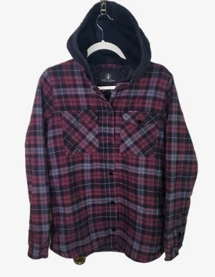 Volcom Mens Hooded Plaid Flannel Jacket Shacket Snap Button Small Lined Pockets - Image 1 of 4