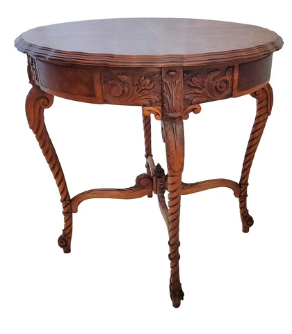 Vintage Carved French Round Burl Walnut Side Lamp Parlor Accent Table Cover