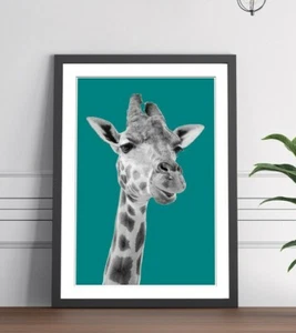 GIRAFFE BLACK AND WHITE TEAL FRAMED POSTER WALL ART PRINT ARTWORK DESIGN - Picture 1 of 14