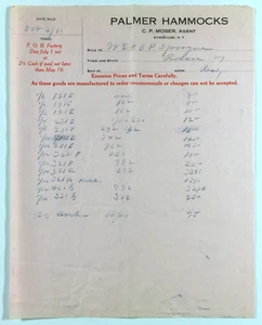 Hamacas Billhead Palmer de colección CP Moser Agent Syracuse Nueva York 1911 - Imagen 1 de 2