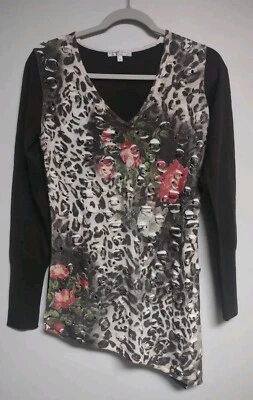 Alberto Makali M Wool Blend Sweater Distress Floral Leopard Print Asymmetrical  - Image 1 of 4