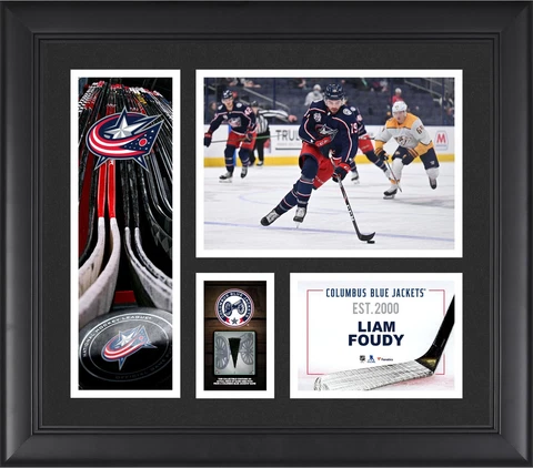 Liam Foudy Columbus Blue Jackets FRMD 15" x 17" Collage with a Piece of GU Puck Cover