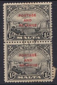 c.1928 MALTA 1/- ONE SHILLING Black Postage & Revenue Red O/P Overprint Pair