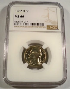 1962-D NGC MS66 JEFFERSON NICKEL NICE GOLD TINT 5c MS 66 - Picture 1 of 4