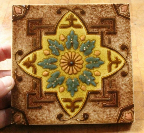 LOVELY antique ENGLISH GOTHIC REVIVAL / MOORISH MAJOLICA TILE b Cover