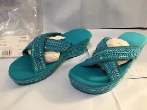All Over Perlen Slide Pantoletten Toutes Sandalen Wedges Türkis Gr. 8 SCHÖN! #CB4-1 - Bild 1 von 10