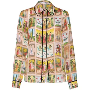 Alice + Olivia Tarot Card Alfie Silk Blouse Collared Top Mystical Print Shirt XS - Picture 1 of 15