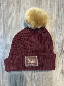 Love Your Melon Beanie One Size Burgundy Red Removable Pom Cuffed Knit Cap Hat - Picture 1 of 5