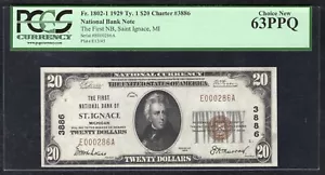 1929 $20 THE FIRST NB OF ST. IGNACE,MI NATIONAL CURRENCY CH.#3886 PCGS UNC-63PPQ - Picture 1 of 2