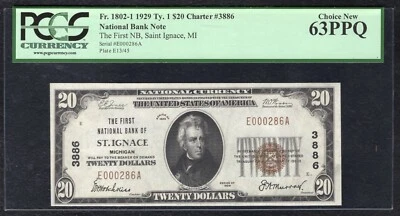 1929 $20 THE FIRST NB OF ST. IGNACE,MI NATIONAL CURRENCY CH.#3886 PCGS UNC-63PPQ - Image 1 of 2
