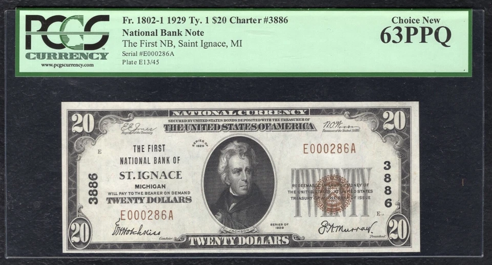1929 $20 THE FIRST NB OF ST. IGNACE,MI NATIONAL CURRENCY CH.#3886 PCGS UNC-63PPQ - Image 1 of 2