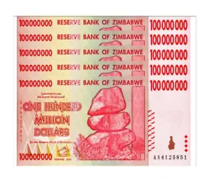 5 pcs x 100 Million Dollar Zimbabwe Banknotes - 2008, AA/AB - Picture 1 of 4