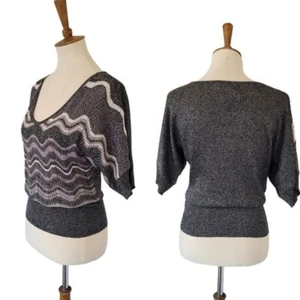 90's Metallic Silk Blend Black Zig Zag Pattern Top - Picture 1 of 5