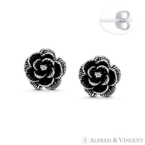 Rose Flower Love Charm Valentines Day Solid 925 Sterling Silver 3D Stud Earrings - Picture 1 of 1