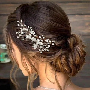 Bridal Hair Piece Wedding Crystal Side Comb Clip Silver Pearl Bride Headwear ... - Picture 1 of 7