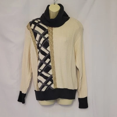 VTG 80s 90s Suzelle Cream & Gray Turtleneck Statement Sweater Loose Fit Size S - Image 1 of 4