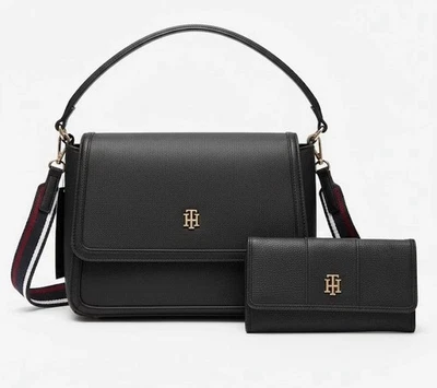 Tommy Hilfiger Satchel Crossbody Faux Leather Black Flap Handbag & Wallet Set - Image 1 of 4