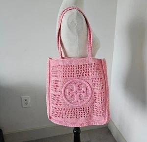 Tory Burch Ella Hand Crocheted Woven Raffia Tote ~NWT~ Pink - Picture 1 of 7